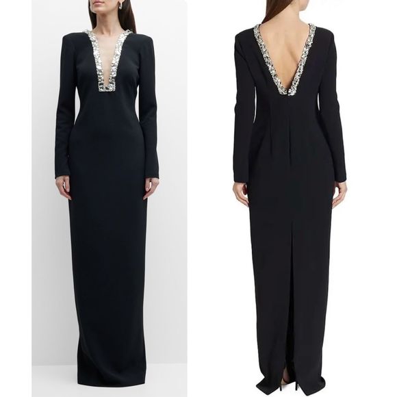 Pamella Roland Plunged Column Gown With Beaded Crystal Trim